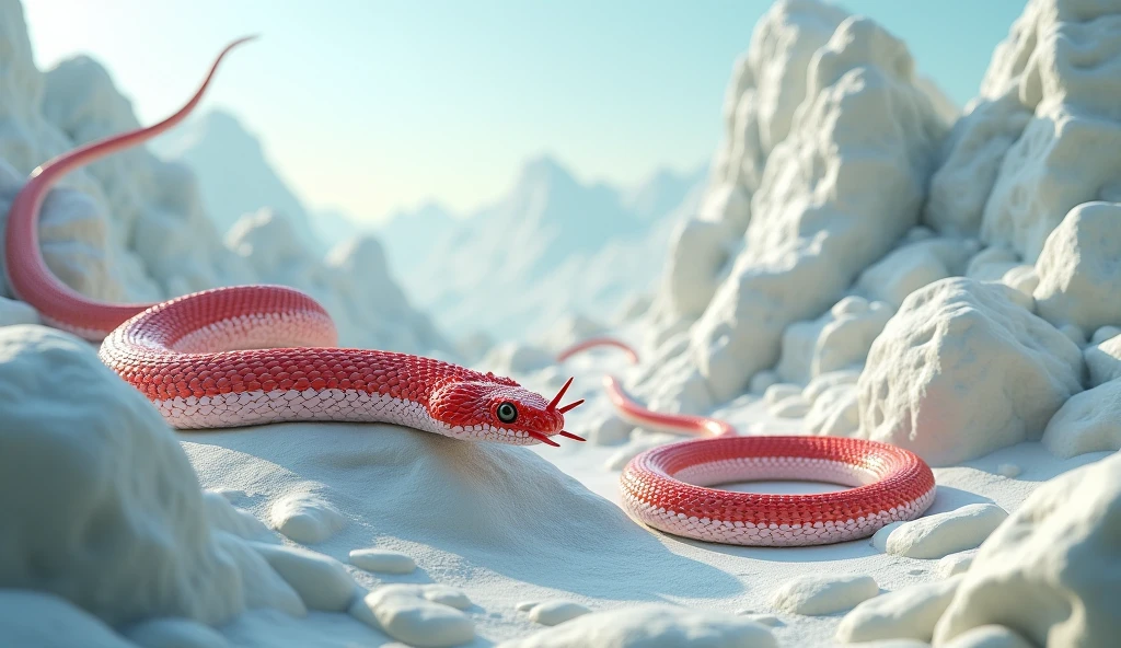 There are many white jade stones and pit vipers with red and white rings on their bodies and spikes on their noses on the mountain.(best quality,4K,8k,High level,masterpiece:1.2),Ultra Detailed,(lifelike,Photo real,Photo real:1.37)