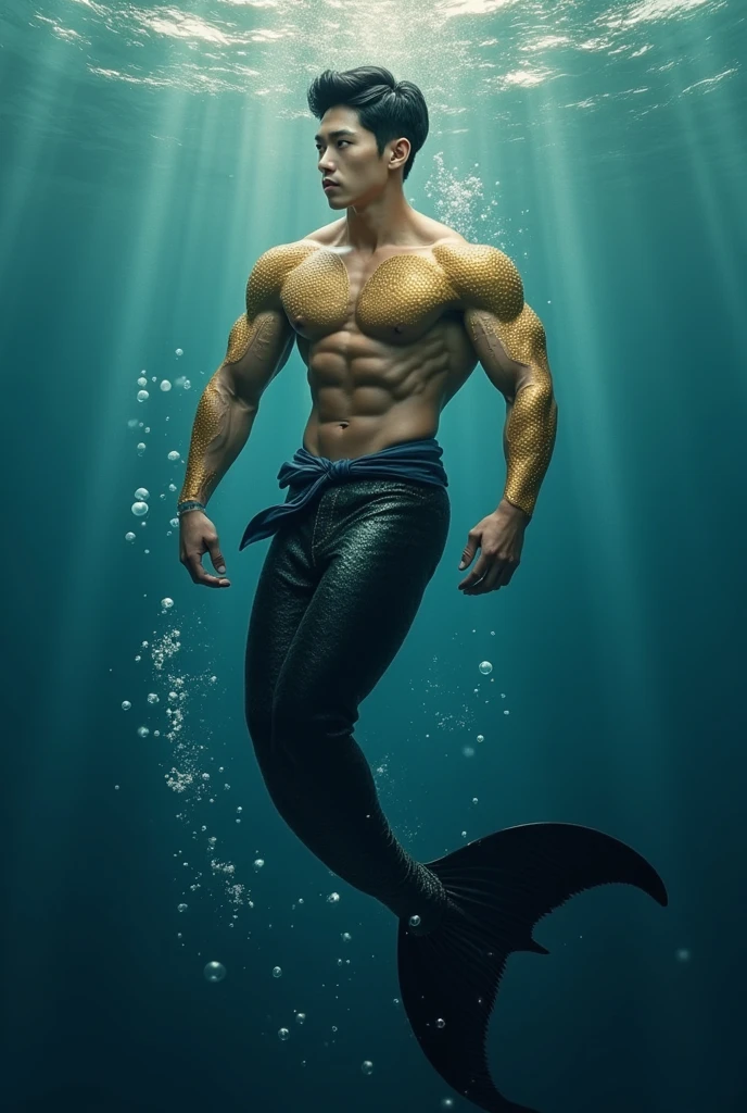 A young, beautiful, pretty, handsome, giant and muscular korean merman, No beard, realistic, masterpiece, high-quality, in the ocean, with some bubbles, a teenager, a student, black hair, gold eyes, big muscular chests, big muscular arms, a black fin, rare gold scales