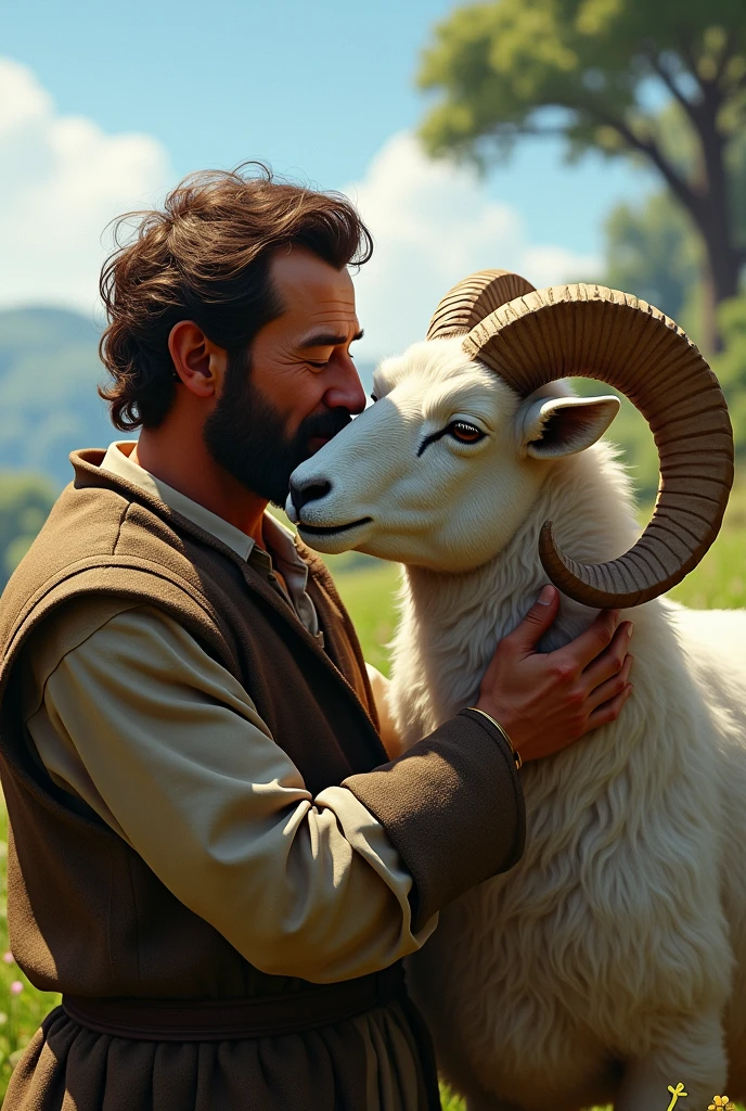 A man kisses a ram