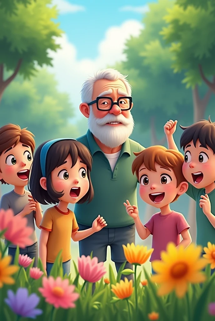 A seven-year-old girl, short hair without bangs and with chocolate hair color,
a grandfather with a short beard and short white hair, without glasses.
A group of children, all seven, eight and nine years old.
all demonstrating in a park in their community, Shouting slogans about environmental protection and the importance of spring. The flowers, from his garden, They watched with joy