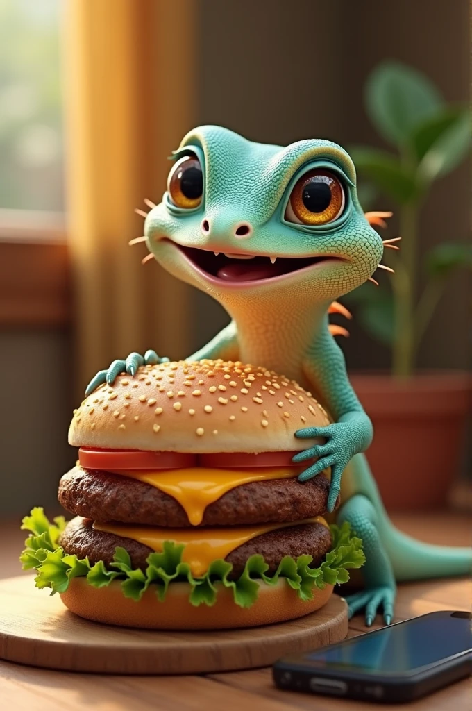 A very happy lizard with a burger. The melting cheese on the burger and the green lettuce leaf. The phone near the lizard that is calm in its house.