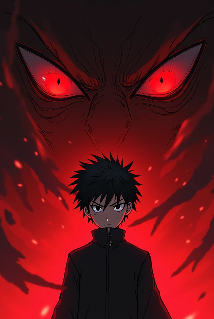 a drawing in the style of Jujutsu kaisen,version anime,Yuji Itadori(bambin),avec des yeux de sukuna terrifiant qui l’observe et Yuji Itadori n’est pas effrayé,the drawing is in red tones.