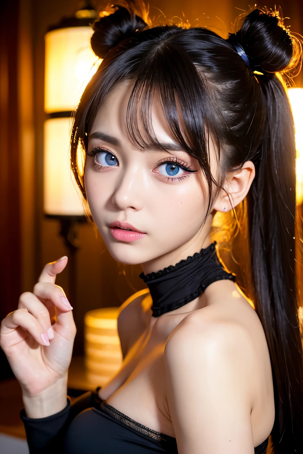 (8k, 4K, Highest quality,Ultra-high resolution:1.1), (masterpiece,, photo-realistic:1.1), One girl, , Twin tails,Iris,(View your viewers:1),Long eyelashes,Small Face,Big eyes,High Contrast,Japanese,Tube top,sexy,Holding index finger