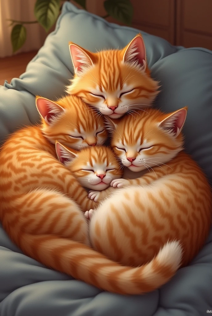 Tired and happy, the orange cat family snuggles together and drifts into a peaceful sleep.