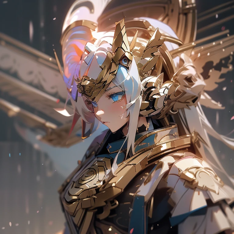 Close-up captures a blue eye、white haired person, Zodiac Girl Knight Portrait, anime goddess, extremely detailed artistic germ, IG Model | artistic germ, Seraphim Ahri Khada, Advanced digital animation art, Detailed digital animation art, ( ( AI Art God King ) ), Irelia, Ash, Ethereal mecha theme