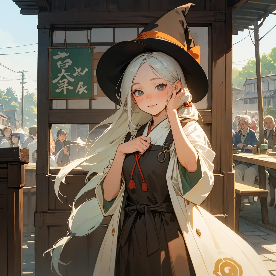Illustrations for children's picture books,realistic, detailed illustration,A serene town center with an elderly witch as the focal point. The witch has long white hair tied up and a kind, gentle expression. She's holding up a sign that reads 'Happy Bento Shop' in Japanese characters. Around her, curious townspeople of various ages are gathering, their faces showing interest and excitement. The overall atmosphere is warm and inviting, with a touch of magic in the air., hand-painted style, digital art touch,(illustration:1.5), (Watercolor:1,2)