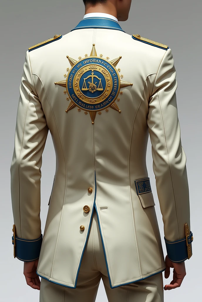 Make a formal cream-colored jacket with blue and gold and have the Legal Research Center UPDS written on the back and a diver representing the investigation on the side of the chest.