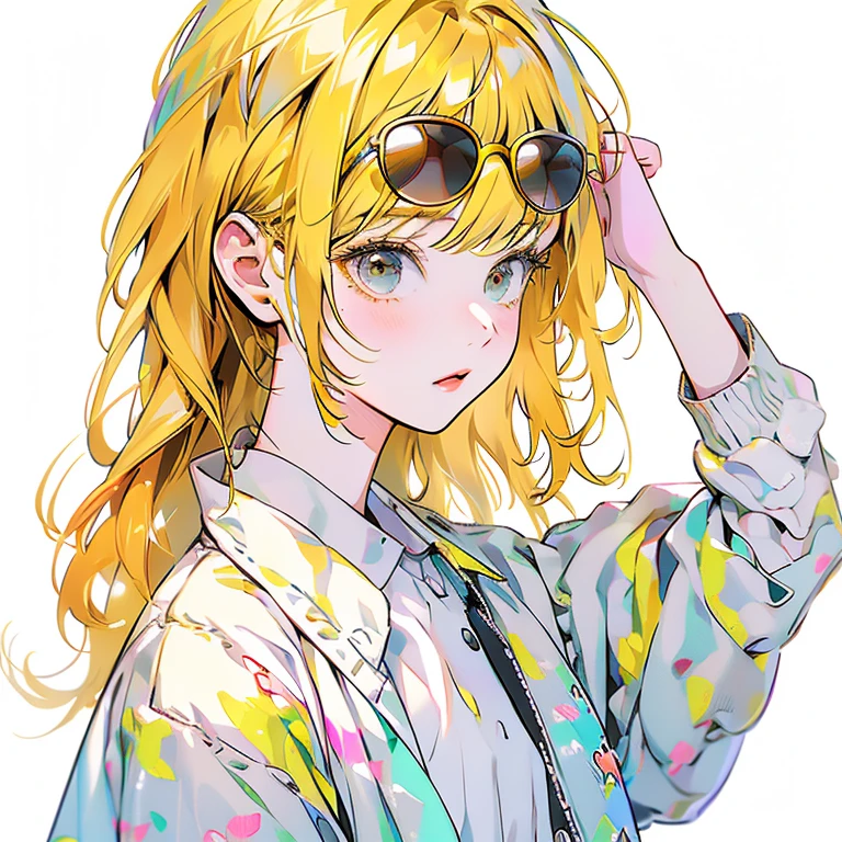 masterpiece、One Girl、Yellow Hair、Fashionable clothes、Pure white background、Wear sunglasses