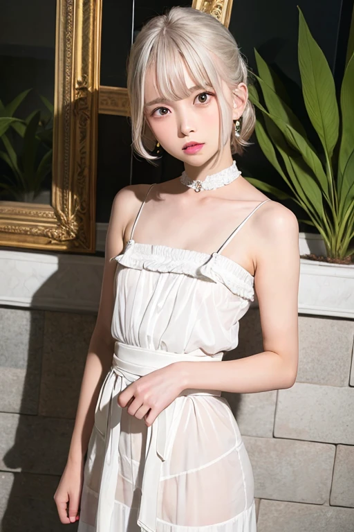 masterpiece、Highest quality、8k、Absurd、 (Upper Body:0.8)、Nudie Princess Dress、(milk:1.2) White-haired beautiful girl、choker、Earrings、Bangles、Cute face、Viewer&#39;s Eyes、smile、Ultra-realistic、High resolution、photograph、Film Grain、chromatic aberration、Sharp Focus、HDR、Face Light、Dynamic Lighting、Cinematic Lighting、Professional Shadows、Simple Background、(Dull background:1.4)、Most detailed、Very detailed、Ultra-detailed、Detailed explanation、Real Skin、Delicate facial features、Detailed face and eyes、Sharp pupils、Realistic pupils