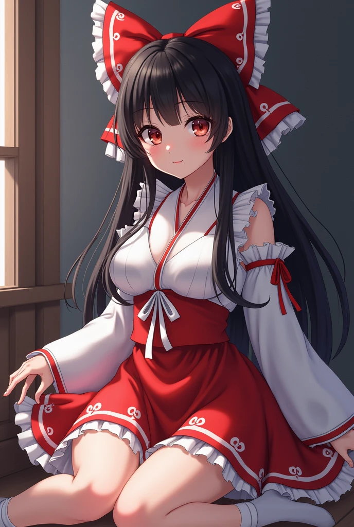 An exquisitely detailed computer generated artwork depicting Hakurei Reimu., a lonely shrine maiden, in the highest quality. With a delicate white ribbon and socks., big breasts, and wide hips, This illustration masterpiece shows the beauty of lonely female characters..