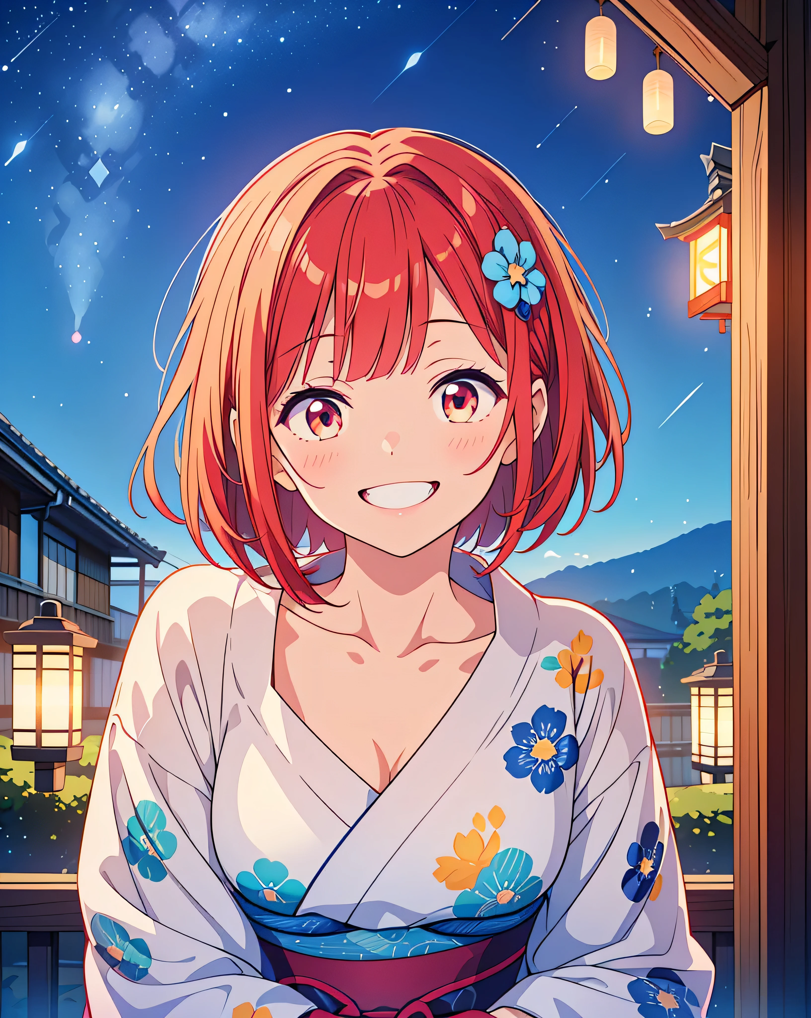 Highest quality, 32K, High resolution, masterpiece:1.5, One beautiful girl, Illustration with anime touch, Rich emotional expression, An exceptionally beautiful face, Perfect Human Anatomy, Perfect hands, Thumb and4Finger, Big red eyes, ((A happy smile:1.5)), shiny red hair, Short Bob Hair, Asymmetrical bangs, Hair between the eyes, Transparent, soft white skin, Detailed and cute lips, ((Yukata with blue floral pattern:1.1)), Traditional streets of Japan, Lantern, ((Starry Sky:1.2)), ((Super detailed:1.2)), Beautifully detailed night sky, mysterious