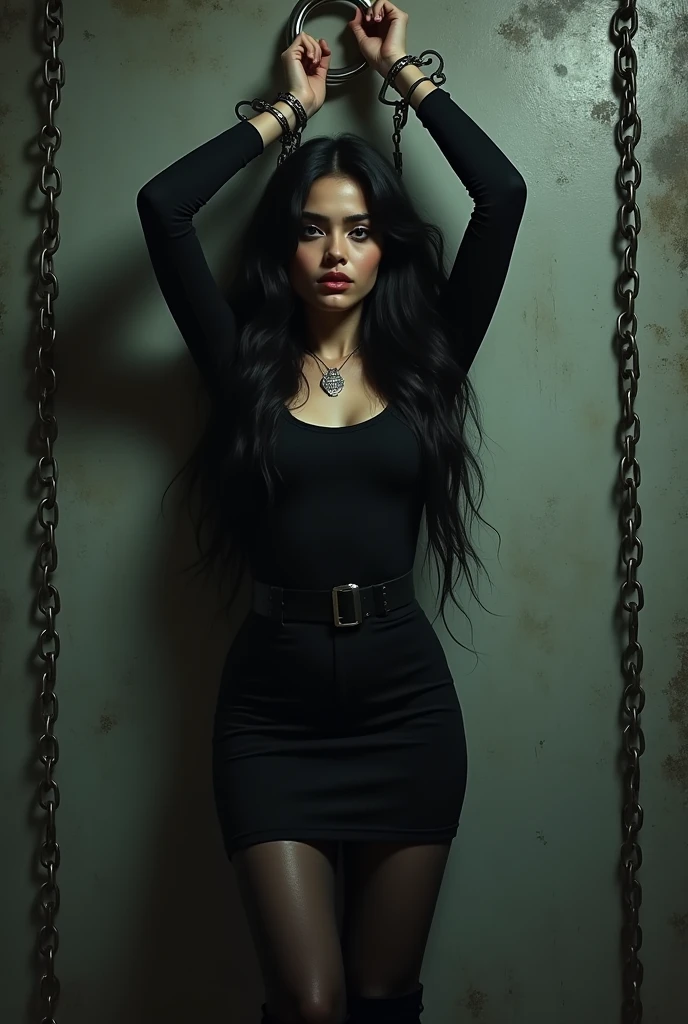 indian women, aged 25, white skin, long black hair, horse jockey black tight dress, full sleeve black, black tights, black pants, black boots, black gloves, rolex watch, standing, looking straight, shackles, bound, bondage, Chained, Arms chained above head handcuffed to ring on the wall, wall mounted chained chain, 