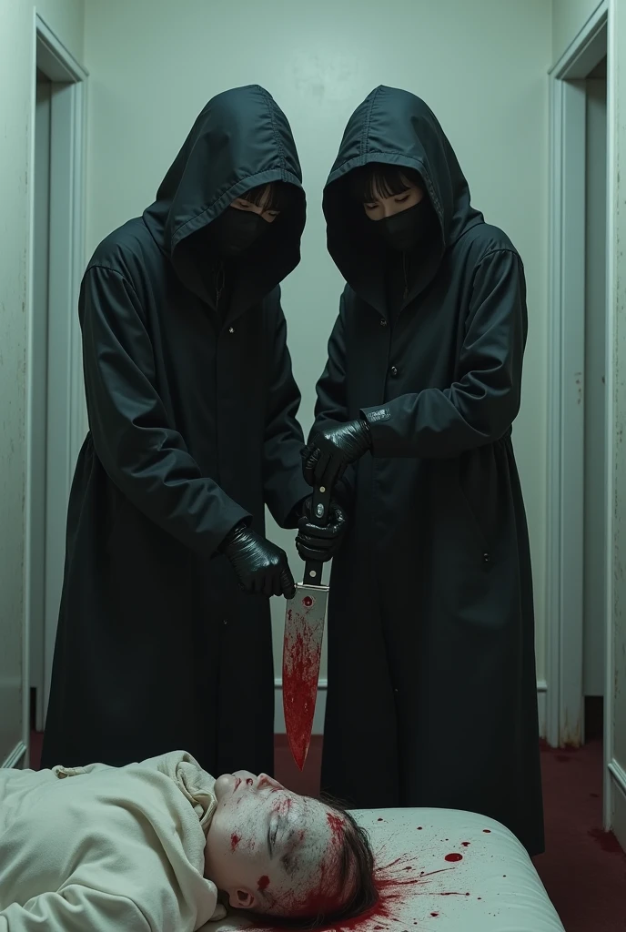 2 korean girls, (behind stiff, black surgical mask), stabbing, holding knife, black leather gloves, bloody room, black raincoat, hood up, girl only, bloody knife, leather gloves, white room, woman on top, bed room, blood splatter, night, mass murderer, killer, blood splatter, bloody room, behind cadaver, close up
