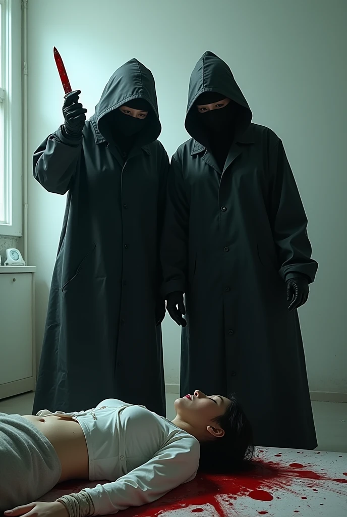 2 korean girls, (behind stiff, black surgical mask), stabbing, holding knife, black leather gloves, bloody room, black raincoat, hood up, girl only, bloody knife, leather gloves, white room, woman on top, bed room, blood splatter, night, mass murderer, killer, blood splatter, bloody room, behind cadaver, close up