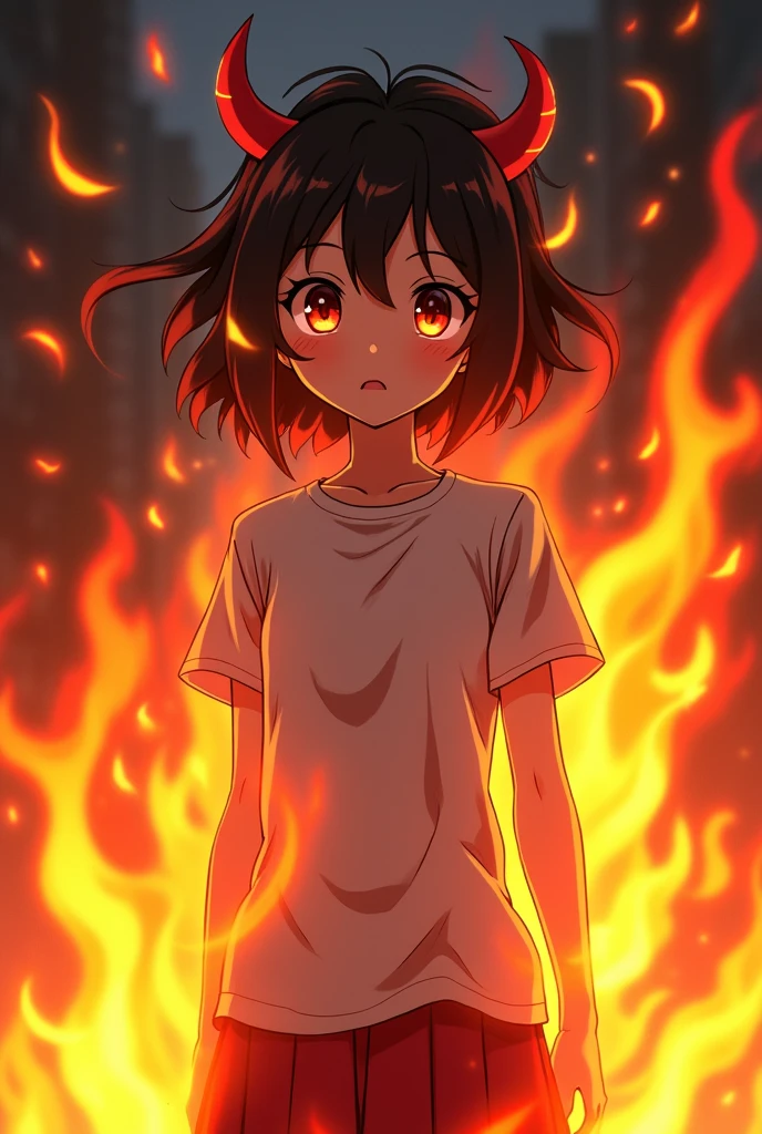 Nezuko transformed with anime style fire effects for shirt