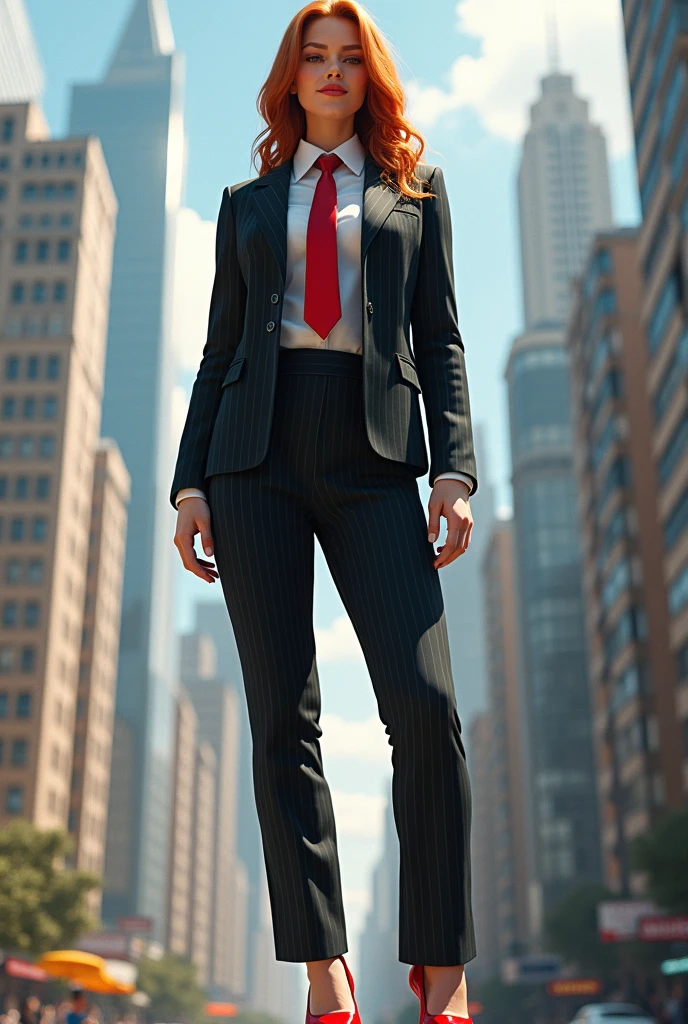 , giga giantess art, standing on a city, in the middle of a city,curvy figure, hourglass figrue, black pinstriped three-piece suit, crisp white form hugging tailored shirt, thick metallic red tie properly worn, Has ginger waist-length hair,Wearing a pair of platform heels, young adult woman, waist-length hair,Wearing a pair of red platform heels,distance shot, A look of enjoyment, Beautiful appearance, smile, view from space, giga giantess