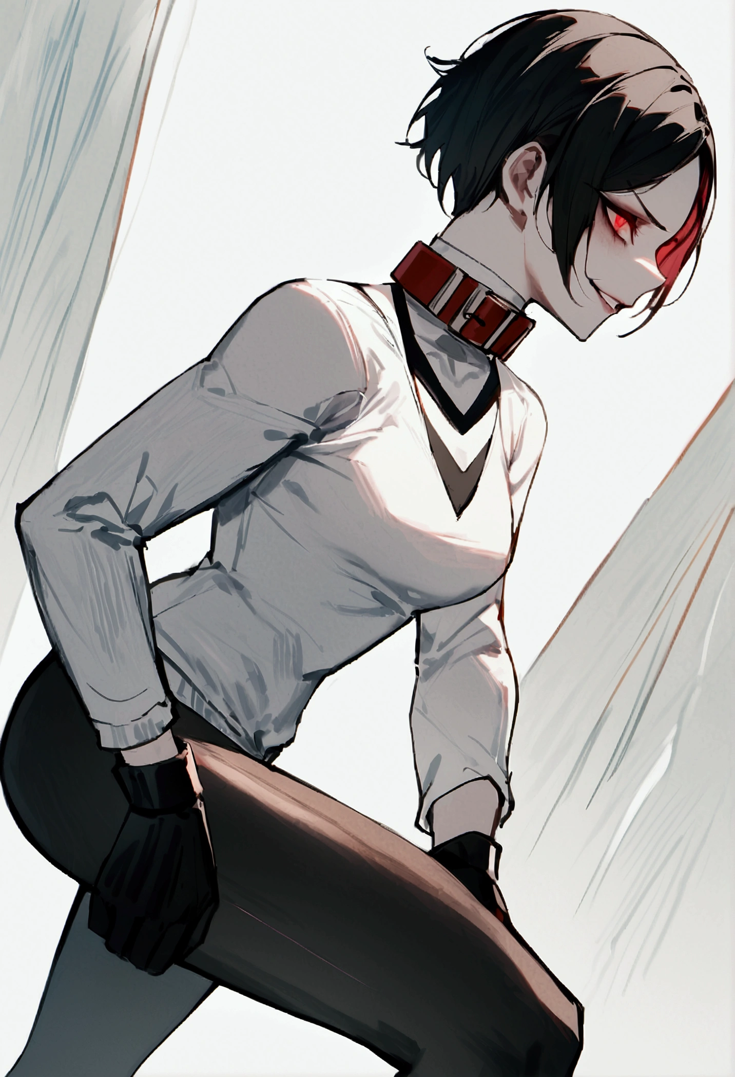 fully body,standing,alone,short hair,work of art,face detailed,young fitness linda,Wearing black pantyhose,tight white sweater with collar ,neckleace,evil smile,red eyes glowing,labiaa,eye shadow,bangs on the eyes,black gloves,from sideways,perfil from sideways