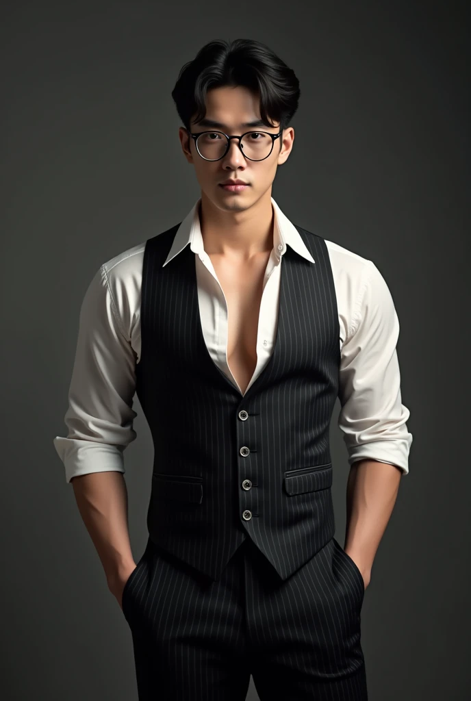 1 handsome Korean gentleman, vest no shirt, Lawyer, Lawyer,wear glasses,provocative and erotic pose, armpit sweat, Professional attire, Handsome and elegant, Wearing uniform, sexy abstinence, Masculine and handsome, muscular, Nice looking muscles, , fair skin, Black eyes (1:3 thin eyes), Full body shot, erotic face, firm chest, provocative, , sexy, pinstripe trouser