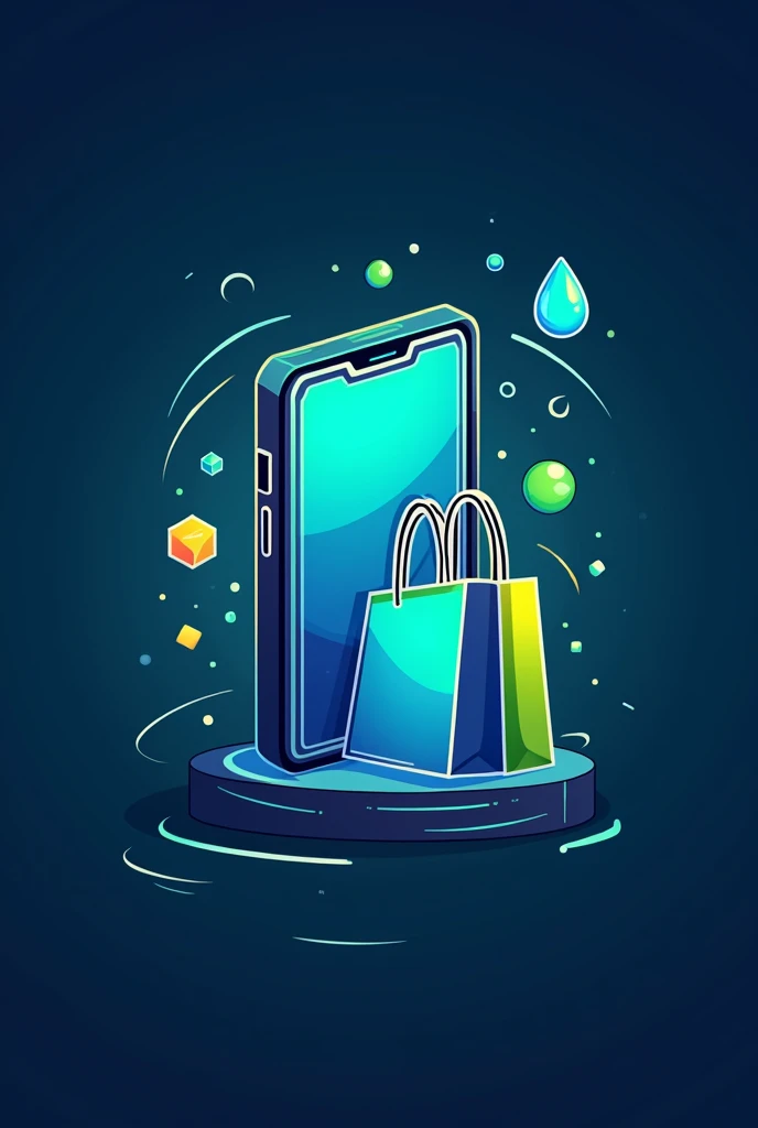 Create a futuristic logo for an electronics store called 'Duarte Store'. The logo should include elements such as a cell phone and a shopping bag. Use bold colors such as blue and green, but feel free to add other vibrant colors. The design should convey a modern, technological style, with shapes and lines that reflect innovation and sophistication."