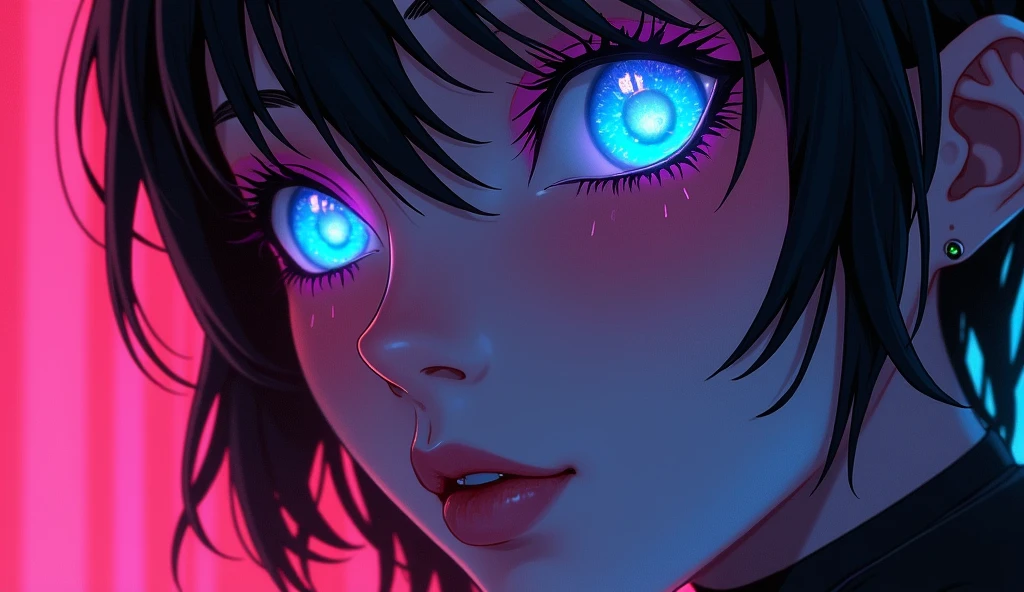 sexy cyberpunk sexy anime art thereal close up sexy glowing neon eyes sexy makeup eyes sexy lips sexy nose sexy face art thereal face sexy