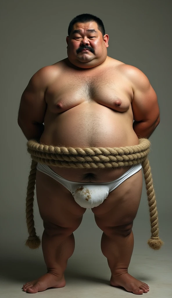 Photorealistic middle-aged obese Japanese male、Single eyelid、50th Generation、Metabolic、Short black mustache、Short black buzz cut、Square face、whole body、Fat-laden muscle bear、Homosexuals、Full Body、Fat and hulking、Thick, short legs with muscle and fat、Short, thick arms with muscle and fat、Square, thick face、Round waist with muscle and fat、A thick belly with muscle and fat、Dark, tanned skin、Hairy、Large chest and thick waist due to muscle and fat、Thick boar neck、Thick Ass、A firm, taut and plump body、M-shaped baldness、Middle Age、Yellow race and dark skin、Metabolic、father、Father、father、Thin hair、has narrow eyes、Erotic、He was wearing white briefs and had some urine stains around his genitals.、Standing with one arm folded behind his back、The whole body is bound with a thick rope.、Side view, facing towards the viewer、Ultra-realistic high quality、Highest quality, Anatomically correct, Ahegao, tears, I want to cry, Character portrait, Open your mouth,