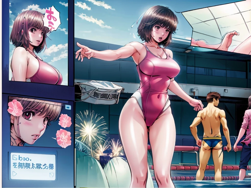 A beautiful woman with short hair, big breasts and beautiful legs is standing by the pool in a bright pink high-cut swimsuit with the arena logo on it, with her legs spread to the sides, blushing and her mouth open.。Angle from behind。A middle-aged man stands pointing his camera lens at a beautiful woman。