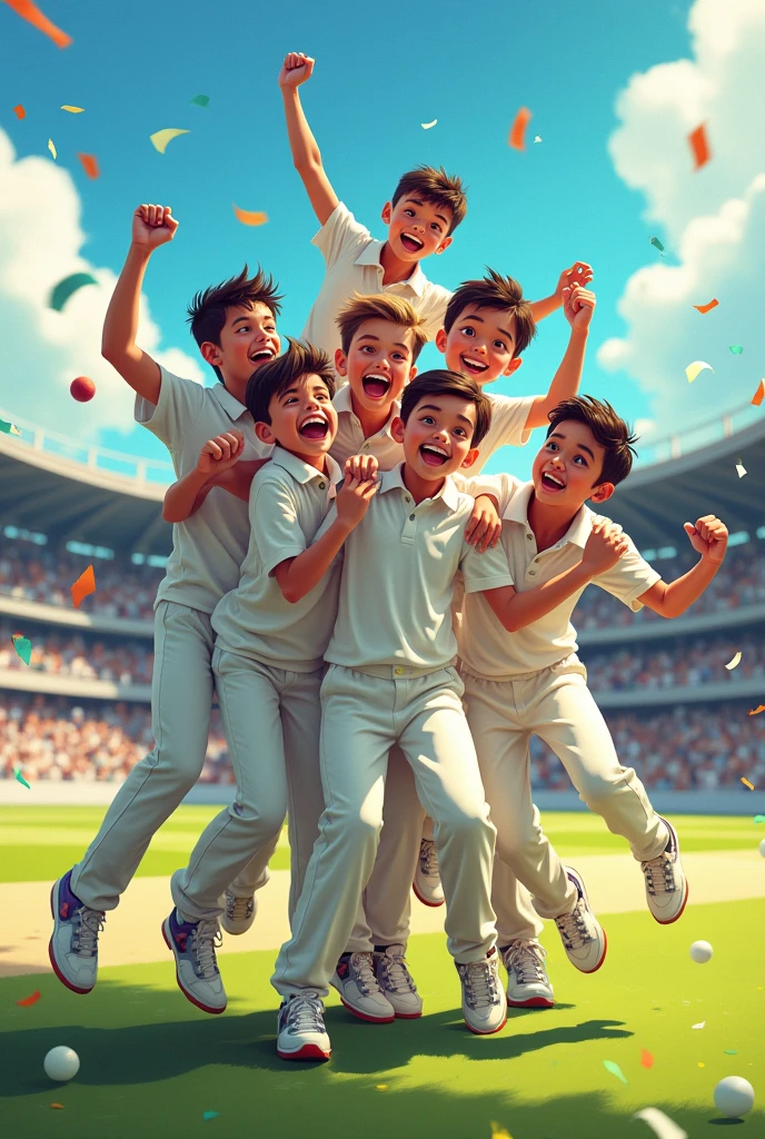 A group of boys celebrating as of they won
cricket  world cup and they are waiting for it
