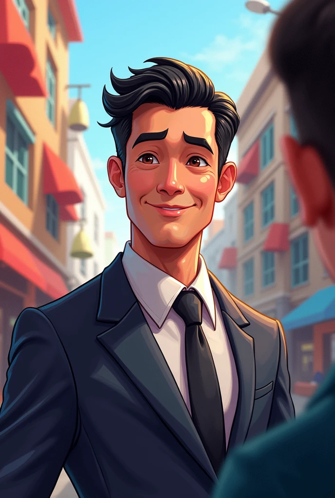 A men with short black hair, wearing suit, softly smiling, looking at someone in comic 
