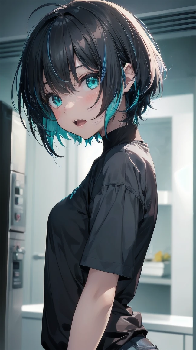 A close-up shot of a girl from a manga, with blue hair and a yellow shirt., 2D Animation, 2D Animation style, 2D Art, 2D Art, 2D from Gorillaz, 2D from Gorillaz, 2D Gorillaz, Screaming Cerket, 2D Sprite, Jinx Face, short hair, hot pants, Small breasts, ((Black Hair, Inner bright blue hair:1.4))