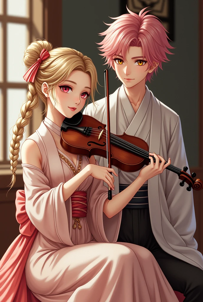 Beautiful Japanese woman, sitting on chair, playing violon. She have blonde wavy haircut with braids. She have pink almond eyes. Next to her, a handsome Japanese man. Short messy pink hair. Gold yellow eyes. Siblings. Adults. Beautiful faces. They wear aristocratic outfit. The brother is standing next to his sister. House.