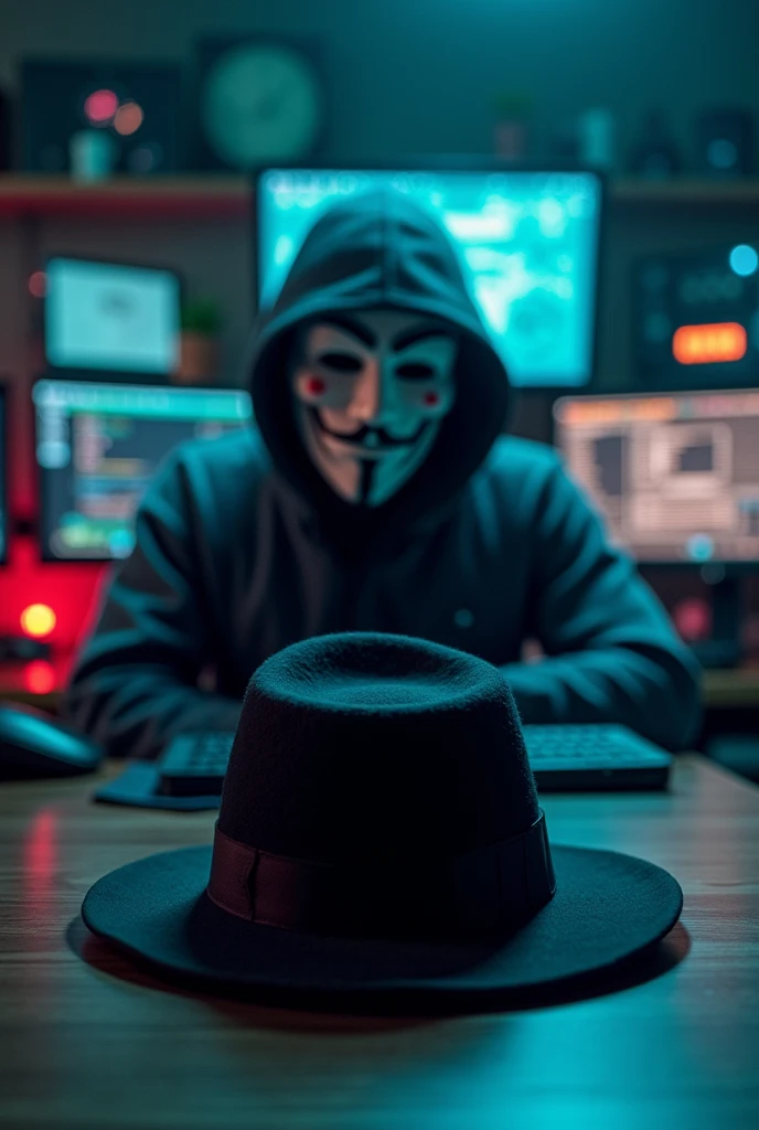 in background all computer setup for hacker and in front side big table there is hacker face mask and hat