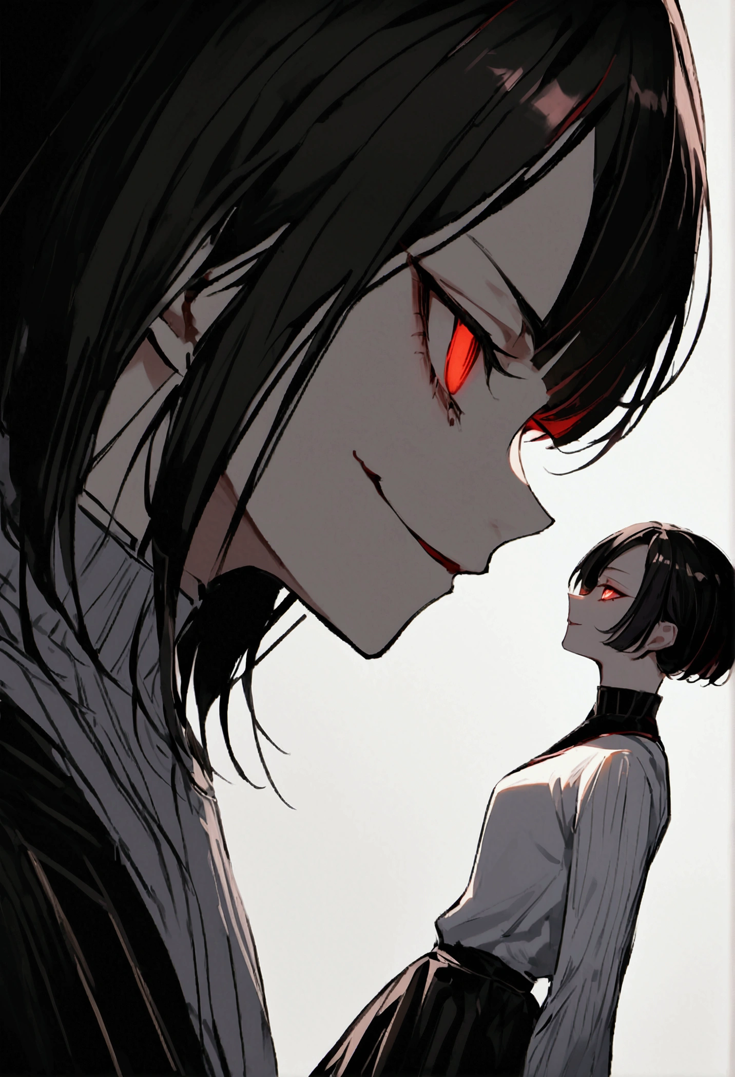 fully body,standing,alone,short hair,work of art,face detailed,beautiful young ,Wearing black pantyhose,tight white sweater  ,neckleace,evil smile,red eyes glowing,labiaa,eye shadow,bangs on the eyes,black gloves,from sideways,perfil from sideways
