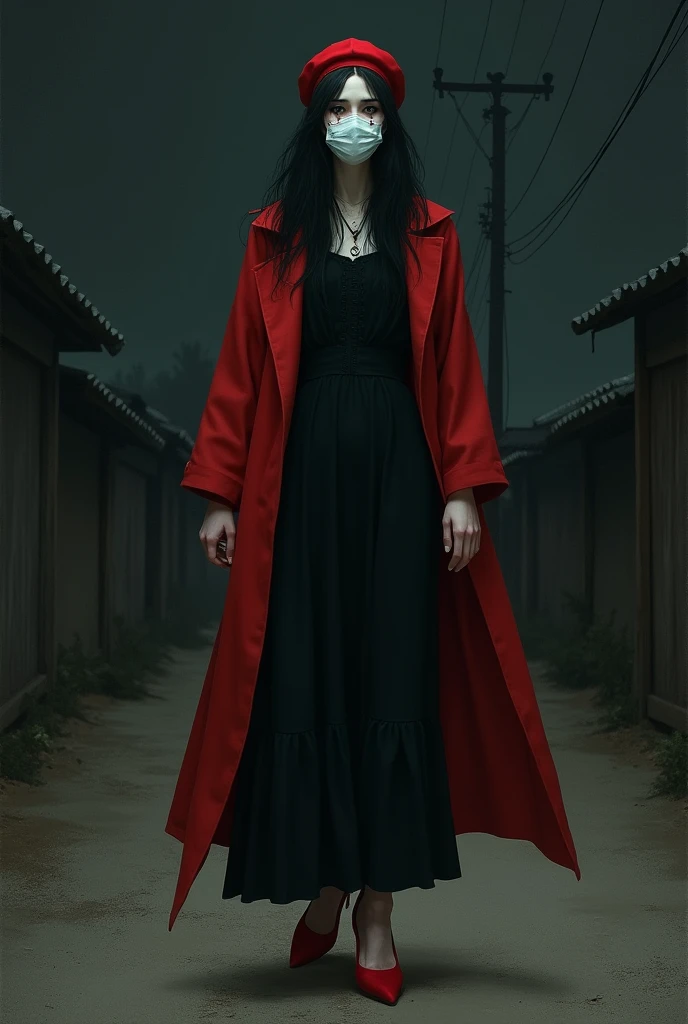 she、A Western woman with a pale face and white skin.、The black around the eyes makes it look scary.。He is wearing a white medical mask on his face to cover his mouth.。long, Black Hair; she、I'm wearing a long black dress, She's wearing a red coat over it., she恐ろしい見た目, she赤いベレー帽を着ています。she赤いヒールを履いています, Her eyes are black。The background is horror-like。Please show the whole body in the field of view。The background is the Japanese countryside 40 years ago.。The background is Showa era Japan.。Creepy。she赤いベレー帽をかぶっています。she泣いています。It's night。