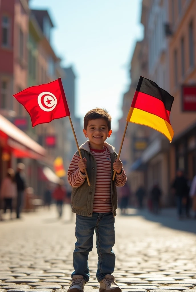 A tunisian child standing in the center of Duisburg's city holding a small pole with a small Tunisian flag and a another small pole with a small German flag. The child is smiling, and the background features the vibrant architecture and lively streets of Duisburg. The scene is set on a sunny day, capturing a sense of cultural pride and unity.