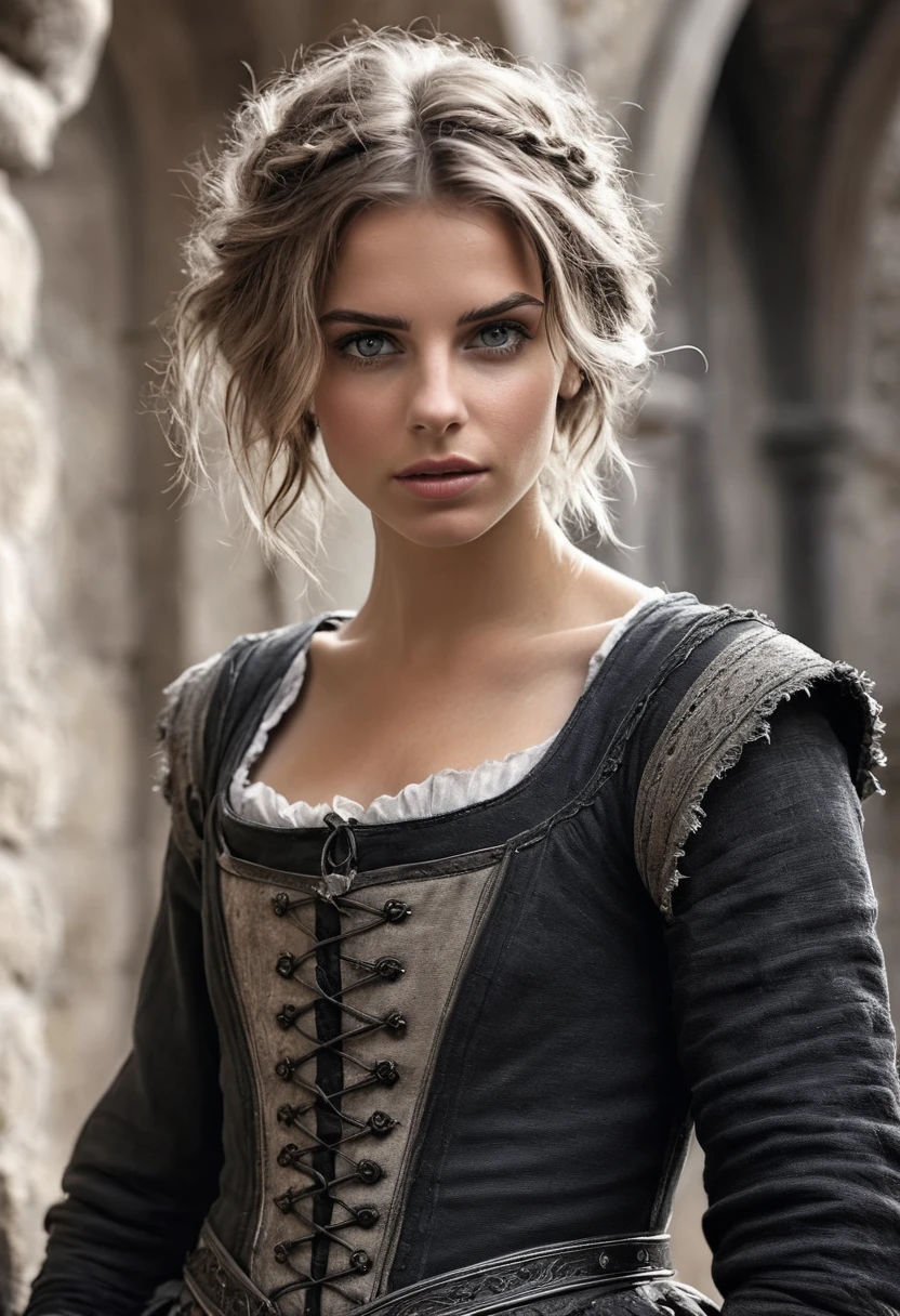 photorealistic, cute woman with disheveled hair and bad torn clothes, Sweet Sexy, (detailed medieval background), ultra sharp focus, detailed face, (((posing))), random hair color, short hair, beautiful eyes, whole body, high quality black and white analog photography, depth of field, granularity