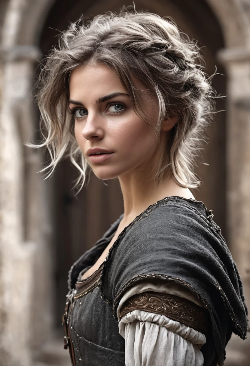 photorealistic, cute woman with disheveled hair and bad torn clothes, Sweet Sexy, (detailed medieval background), ultra sharp focus, detailed face, (((posing))),  random hair color, short hair, beautiful eyes, whole body, high quality black and white analog photography,  depth of field, granularity 