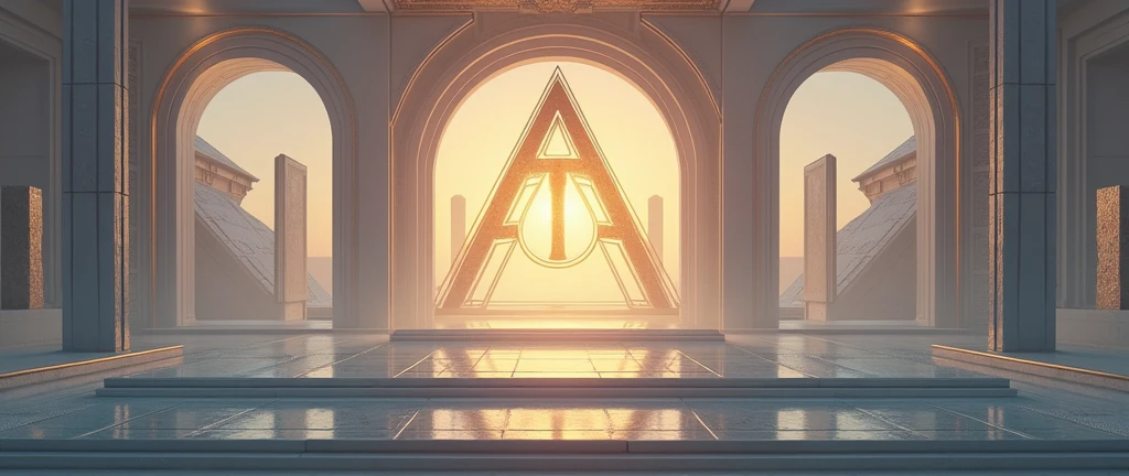 Design the homepage of a website for the Kingdom of Aetheria. The homepage should feature a grand, futuristic welcome with a sleek interface, including a logo of Aetheria, a big A, utilizing the symbols previously created to represent Aetheria. The overall theme should be clean, elegant, and futuristic, ultra-resolution, intricately detailed, full shot, 8k by Helmut Newton.