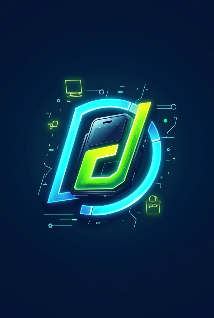 Create a futuristic logo for an electronics store called 'Duarte Store'. The logo should include elements such as a cell phone and a shopping bag. Use bold colors such as blue and green, but feel free to add other vibrant colors. The design should convey a modern, technological style, with shapes and lines that reflect innovation and sophistication."