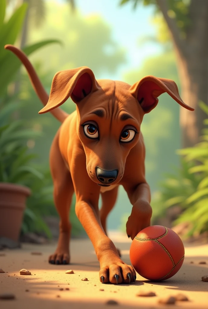 Adult brown Rhodesian Ridgeback female dog with left ear up playing with a toy ball like Pixar Up
