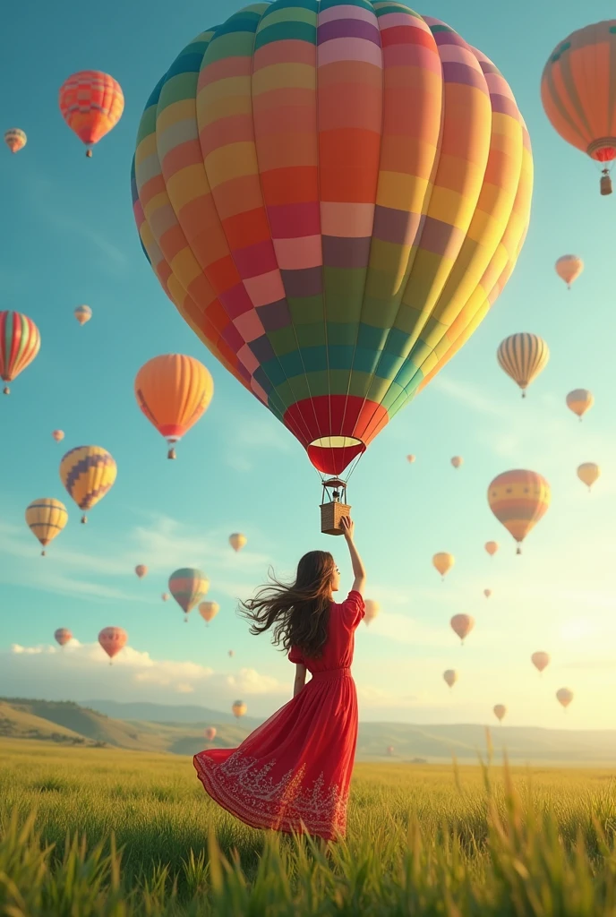 (photorealism:1.2), a picture of a young woman with long brown hair, wearing a red dress holding a hot air balloon being carried away by colorful hot air balloons, seen flying against a background of green grass, clear sky