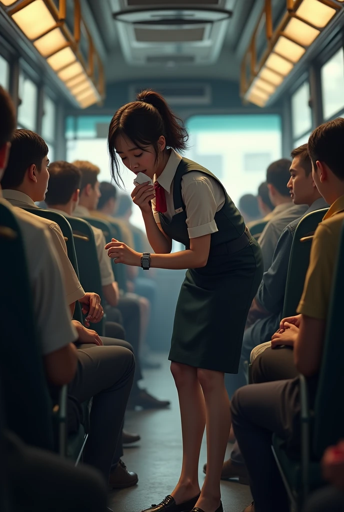 Bus hostess girl vomiting in bus 
