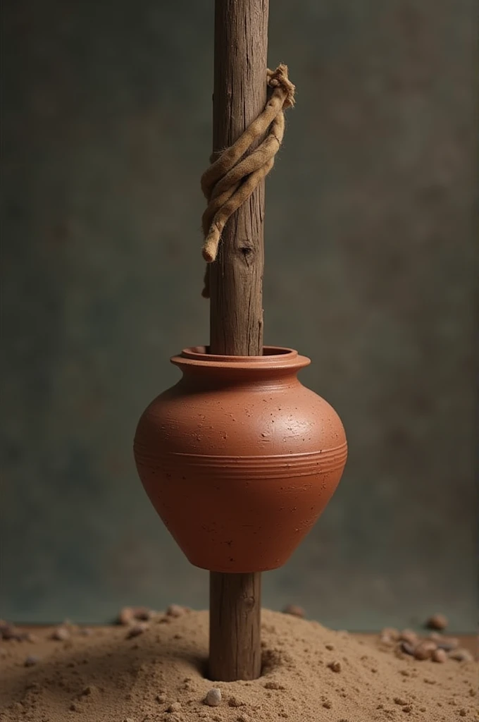 A sturdy, well-crafted clay pot without any cracks or blemishes. It hangs securely on one end of the wooden pole, looking strong and proud. The pot’s surface is smooth and polished, reflecting its perfect condition.