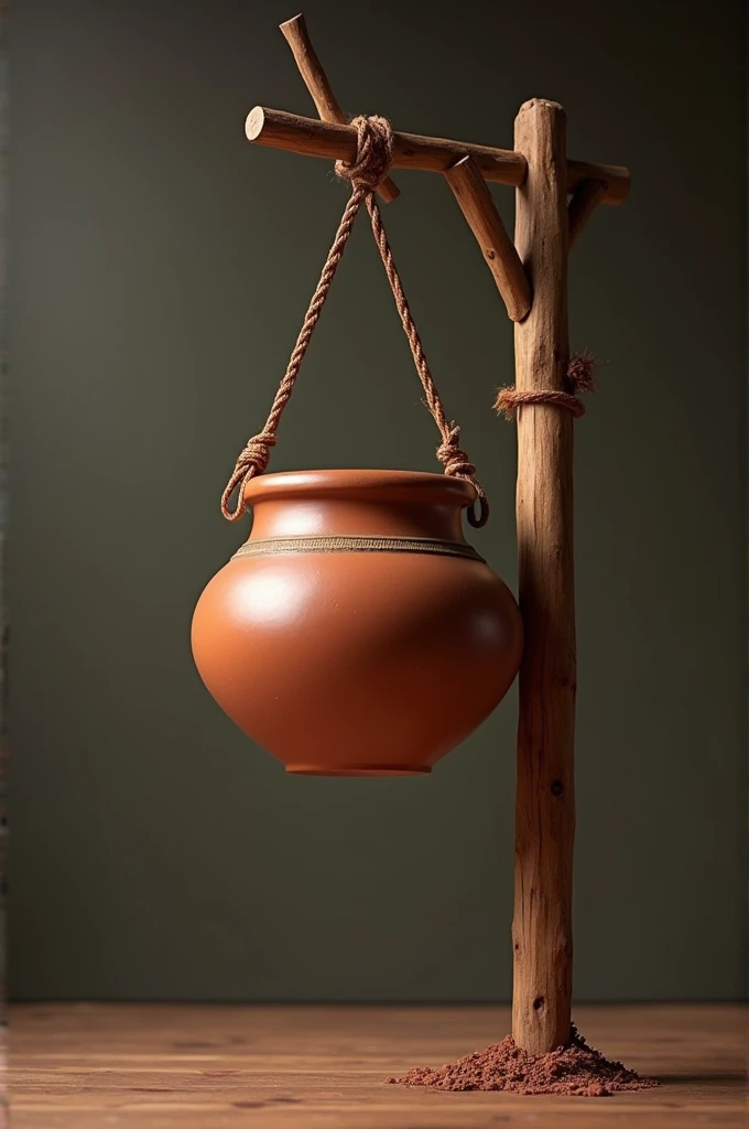 A sturdy, well-crafted clay pot without any cracks or blemishes. It hangs securely on one end of the wooden pole, looking strong and proud. The pot’s surface is smooth and polished, reflecting its perfect condition.