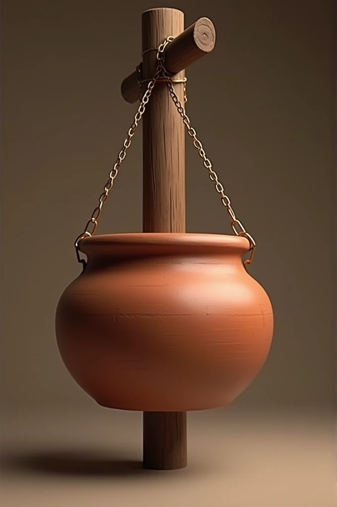 A sturdy, well-crafted clay pot without any cracks or blemishes. It hangs securely on one end of the wooden pole, looking strong and proud. The pot’s surface is smooth and polished, reflecting its perfect condition.