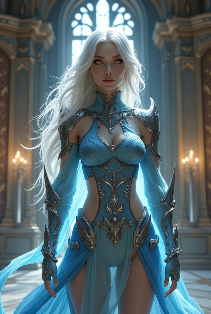 a young and strong aasimar woman with silver hair and golden eyes in thin armor of main blue and silver colours in a castle, full body