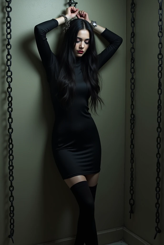 indian women, aged 25, white skin, long black hair, horse jockey black tight dress, full sleeve black, black tights, black pants, black boots, black gloves, rolex watch, standing, looking straight, bdsm, bondage, bound, bondage, Chained, hands chained above head handcuffed to ring on the wall, wall mounted chained chain