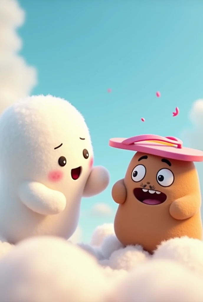 A high quality image of the famous tik tok bubu and dudu , where bubu is white and dudu is brown , where bubu is throwing a flip flop at dudu and it is on his forehead with a background of them on a cloud