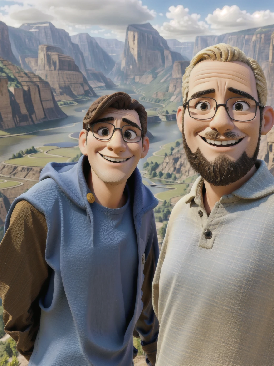 two men smiling in a landscape with a river behind
