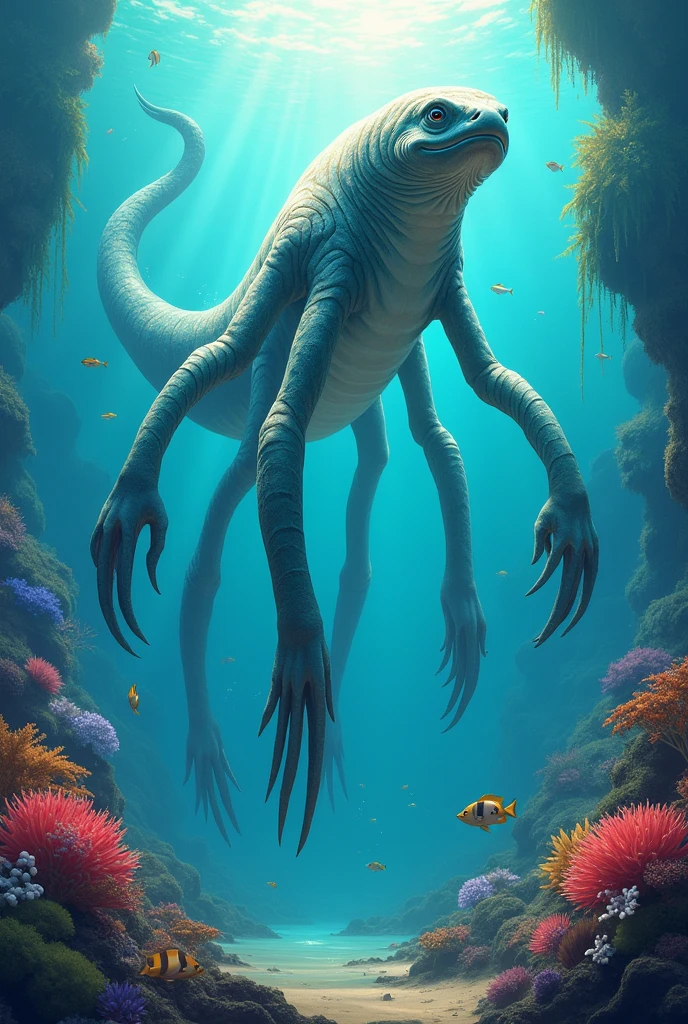 Make me a tall being with 4 legs that is very happy and lives in the sea