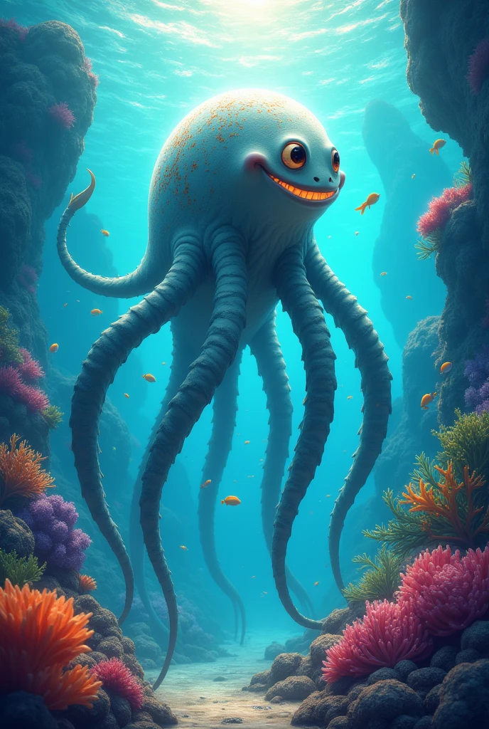 Make me a tall being with 4 legs that is very happy and lives in the sea